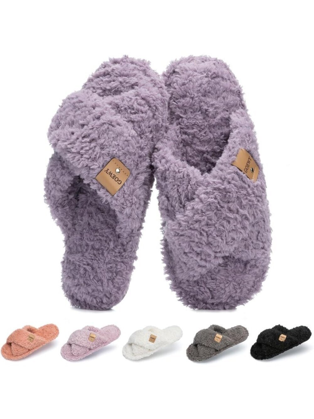 Women's Dark Purple Cross Band Indoor and Outdoor Fuzzy Open Toe Slipper Shoes
